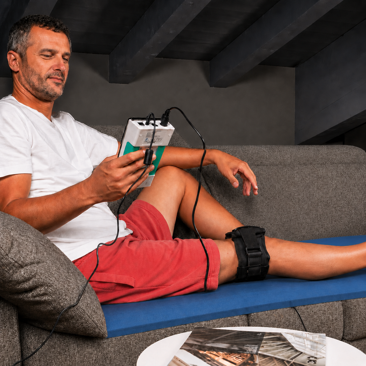A man reclining on a gray couch demonstrates a pemf device attached to his lower leg, with a handheld controller and wires visible in a modern indoor setting.